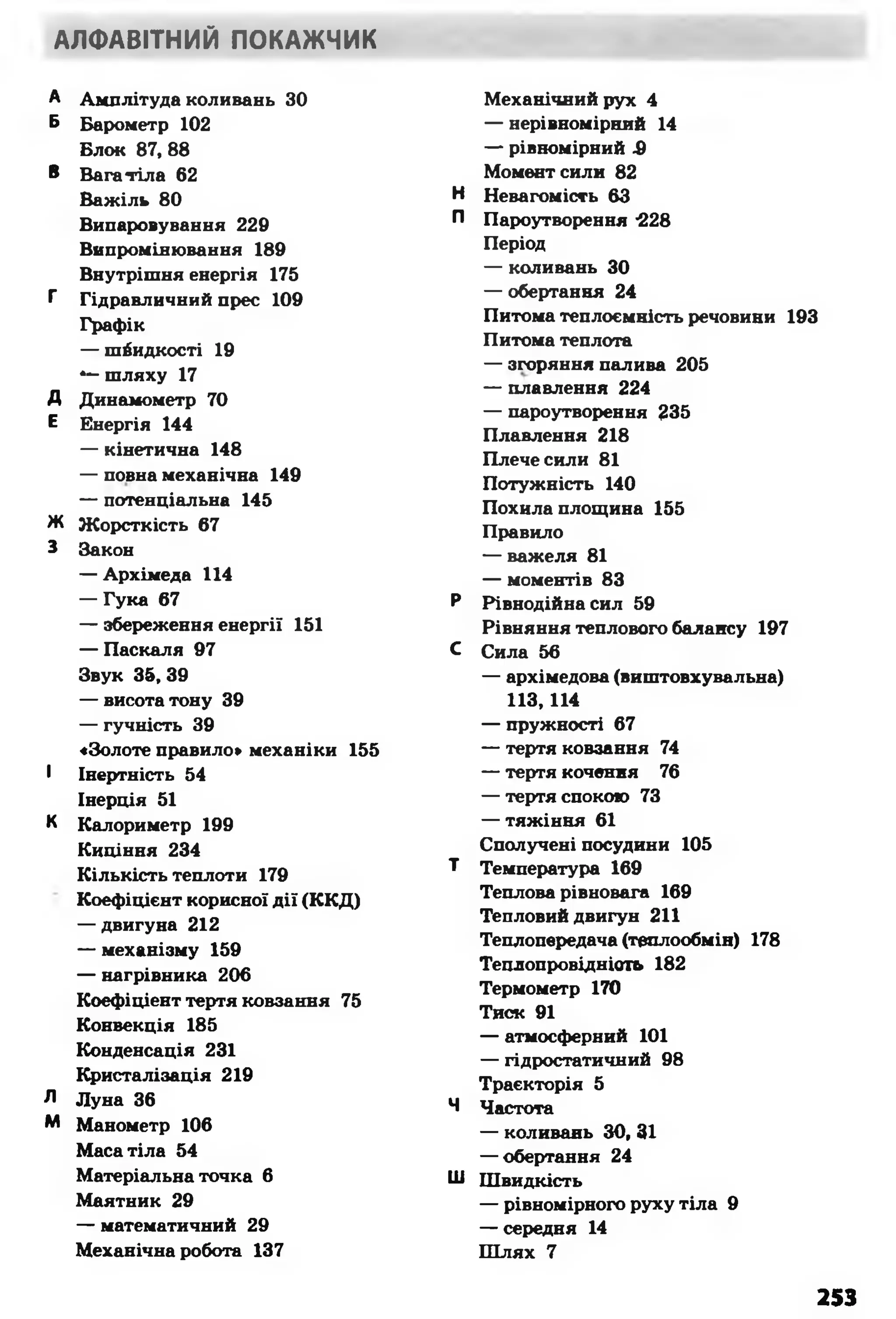 АЛФАВІТНИЙ ПОКАЖЧИК
А Амплітуда коливань ЗО
Б Барометр 102
Блок 87, 88
В Багатіла 62
Важіль 80
Випаровування 229
Випромінювання 189
Внутрішня енергія 175
Г Гідравличний прес 109
Графік
— швидкості 19
*—шляху 17
Д Динамометр 70
Е Енергія 144
— кінетична 148
— повна механічна 149
— потенціальна 145
Ж Жорсткість 67
З Закон
— Архімеда 114
— Гука 67
— збереження енергії 151
— Паскаля 97
Звук 35, 39
— висота тону 39
— гучність 39
«Золоте правило» механіки 155
І Інертність 54
Інерція 51
К Калориметр 199
Кипіння 234
Кількість теплоти 179
Коефіцієнт корисної дії (ККД)
— двигуна 212
— механізму 159
— нагрівника 206
Коефіцієнт тертя ковзання 75
Конвекція 185
Конденсація 231
Кристалізація 219
Л Луна 36
М Манометр 106
Маса тіла 54
Матеріальна точка 6
Маятник 29
— математичний 29
Механічна робота 137
Механічний рух 4
— нерівномірний 14
— рівномірний Л
Момент сили 82
Н Невагомість 63
П Пароутворення -228
Період
— коливань 30
— обертання 24
Питома теплоємність речовини 193
Питома теплота
— згоряння палива 205
— плавлення 224
— пароутворення 235
Плавлення 218
Плече сили 81
Потужність 140
Похила площина 155
Правило
— важеля 81
— моментів 83
Р Рівнодійна сил 59
Рівняння теплового балансу 197
С Сила 56
— архімедова (виштовхувальна)
113,114
— пружності 67
— тертя ковзання 74
— тертя кочення 76
— тертя спокою 73
— тяжіння 61
Сполучені посудини 105
Т Температура 169
Теплова рівновага 169
Тепловий двигун 211
Теплопередача (теплообмін) 178
Теплопровідність 182
Термометр 170
Тиск 91
— атмосферний 101
— гідростатичний 98
Траєкторія 5
Ч Частота
— коливань ЗО, 31
— обертання 24
Ш Швидкість
— рівномірного руху тіла 9
— середня 14
Ш лях 7
253
 