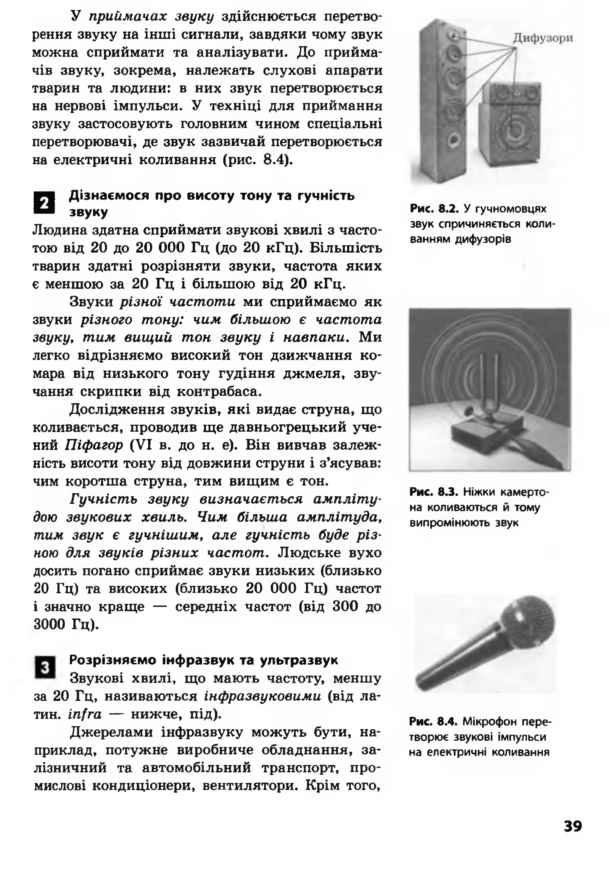 У приймачах звуку здійснюється перетво­
рення звуку на інші сигнали, завдяки чому звук
можна сприймати та аналізувати. До прийма­
чів звуку, зокрема, належать слухові апарати
тварин та людини: в них звук перетворюється
на нервові імпульси. У техніці для приймання
звуку застосовують головним чином спеціальні
перетворювачі, де звук зазвичай перетворюється
на електричні коливання (рис. 8.4).
В Дізнаємося про висоту тону та гучність
звуку
Людина здатна сприймати звукові хвилі з часто­
тою від 20 до 20 000 Гц (до 20 кГц). Більшість
тварин здатні розрізняти звуки, частота яких
є меншою за 20 Гц і більшою від 20 кГц.
Звуки різної частоти ми сприймаємо як
звуки різного тону: чим більшою є частота
звуку, тим вищий тон звуку і навпаки. Ми
легко відрізняємо високий тон дзижчання ко­
мара від низького тону гудіння джмеля, зву­
чання скрипки від контрабаса.
Дослідження звуків, які видає струна, що
коливається, проводив ще давньогрецький уче­
ний Піфагор (VI в. до н. е). Він вивчав залеж­
ність висоти тону від довжини струни і з’ясував:
чим коротша струна, тим вищим є тон.
Гучність звуку визначається ампліту­
дою звукових хвиль. Чим більша амплітуда,
тим звук є гучнішим, але гучність буде різ­
ною для звуків різних частот. Людське вухо
досить погано сприймає звуки низьких (близько
20 Гц) та високих (близько 20 000 Гц) частот
і значно краще — середніх частот (від 300 до
3000 Гц).
Розрізняємо інфразвук та ультразвук
Звукові хвилі, що мають частоту, меншу
за 20 Гц, називаються інфразвуковими (від ла­
тин. infra — нижче, під).
Джерелами інфразвуку можуть бути, на­
приклад, потужне виробниче обладнання, за­
лізничний та автомобільний транспорт, про­
мислові кондиціонери, вентилятори. Крім того,
Рис. 8.2. У гучномовцях
звук спричиняється коли­
ванням дифузорів
Рис. 8.3. Ніжки камерто­
на коливаються й тому
випромінюють звук
Рис. 8.4. Мікрофон пере­
творює звукові імпульси
на електричні коливання
39
 