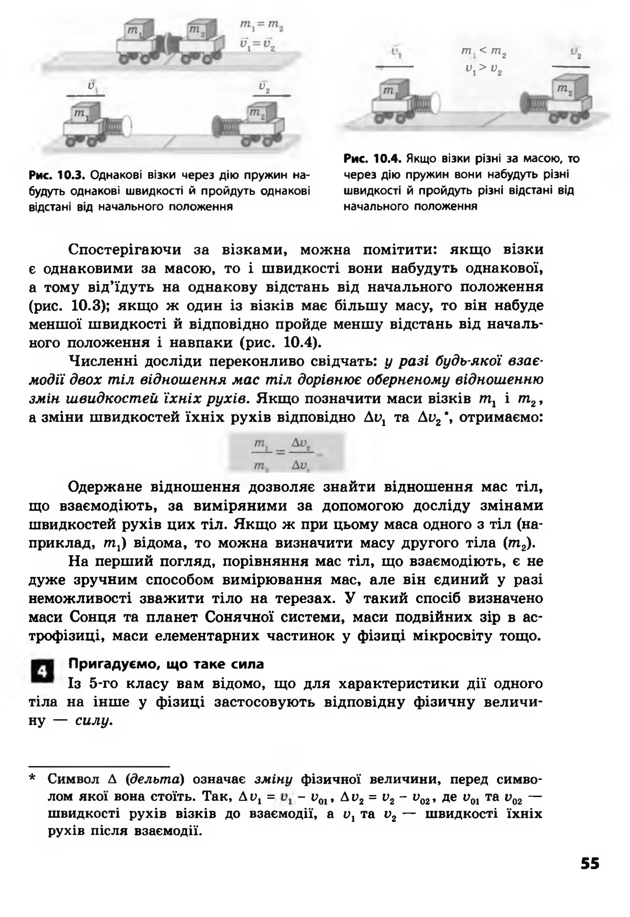 га. < га.
і? > і>
2 2
V V.г
Рис. 10.3. Однакові візки через дію пружин на­
будуть однакові швидкості й пройдуть однакові
відстані від начального положення
Рис. 10.4. Якщо візки різні за масою, то
через дію пружин вони набудуть різні
швидкості й пройдуть різні відстані від
начального положення
Спостерігаючи за візками, можна помітити: якщо візки
є однаковими за масою, то і швидкості вони набудуть однакової,
а тому від’їдуть на однакову відстань від начального положення
(рис. 10.3); якщо ж один із візків має більшу масу, то він набуде
меншої швидкості й відповідно пройде меншу відстань від началь­
ного положення і навпаки (рис. 10.4).
Численні досліди переконливо свідчать: у разі будь-якої взає­
модії двох тіл відношення мас тіл дорівнює оберненому відношенню
змін швидкостей їхніх рухів. Якщо позначити маси візків т 1 і т2,
а зміни швидкостей їхніх рухів відповідно Ли1 та Аи2*, отримаємо:
Одержане відношення дозволяє знайти відношення мас тіл,
що взаємодіють, за виміряними за допомогою досліду змінами
швидкостей рухів цих тіл. Якщо ж при цьому маса одного з тіл (на­
приклад, т^ відома, то можна визначити масу другого тіла (т2).
На перший погляд, порівняння мас тіл, що взаємодіють, є не
дуже зручним способом вимірювання мас, але він єдиний у разі
неможливості зважити тіло на терезах. У такий спосіб визначено
маси Сонця та планет Сонячної системи, маси подвійних зір в ас­
трофізиці, маси елементарних частинок у фізиці мікросвіту тощо.
Пригадуємо, що таке сила
Із 5-го класу вам відомо, що для характеристики дії одного
тіла на інше у фізиці застосовують відповідну фізичну величи­
ну — силу.
* Символ Д (дельт а) означає зм ін у фізичної величини, перед симво­
лом якої вона стоїть. Так, Д у , = - и01, Д у2 = о2- о02, де у01 та у02 —
швидкості рухів візків до взаємодії, а у, та у2 — швидкості їхніх
рухів після взаємодії.
55
 