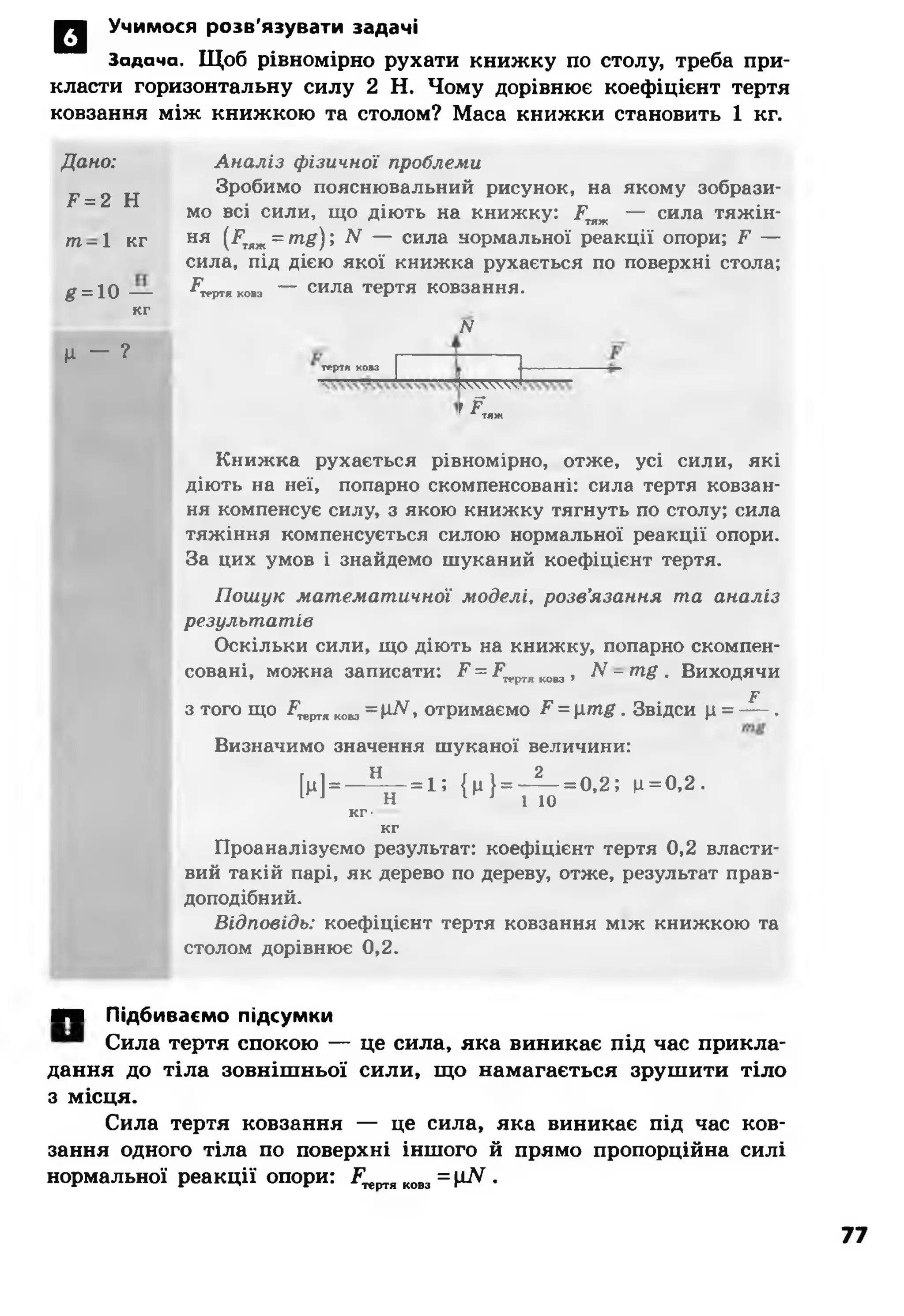 0 1 Учимося розв’язувати задачі
Задача. Щоб рівномірно рухати книжку по столу, треба при­
класти горизонтальну силу 2 Н. Чому дорівнює коефіцієнт тертя
ковзання між книжкою та столом? Маса книжки становить 1 кг.
Дано:
F = 2 Н
т- 1 кг
£ = 10 —
кг
ц - ?
Аналіз фізичної проблеми
Зробимо пояснювальний рисунок, на якому зобрази­
мо всі сили, що діють на книжку: ^тяж — сила тяжін-
ня (Р7ЯЖ= тя) ; N — сила нормальної реакції опори; ^ —
сила, під дією якої книжка рухається по поверхні стола;
^«■ртяковз — сила тертя ковзання.
N
тертя ковз
кЧЧЧЧг
Г / тяж
Книжка рухається рівномірно, отже, усі сили, які
діють на неї, попарно скомпенсовані: сила тертя ковзан­
ня компенсує силу, з якою книжку тягнуть по столу; сила
тяжіння компенсується силою нормальної реакції опори.
За цих умов і знайдемо шуканий коефіцієнт тертя.
Пошук математичної моделі, розв’язання та аналіз
результатів
Оскільки сили, що діють на книжку, попарно скомпен­
совані, можна записати: ^ = ^т4,ртяковз, ТУ- т # . Виходячи
р
з того що ^т<іртяковз=рїУ, отримаємо F = р т £ . Звідси р = — .
Визначимо значення шуканої величини:
И = — ^і г = 1; ^ } = Т ^ =0’2; ц=0’2 -
кг*
кг
Проаналізуємо результат: коефіцієнт тертя 0,2 власти­
вий такій парі, як дерево по дереву, отже, результат прав­
доподібний.
Відповідь: коефіцієнт тертя ковзання між книжкою та
столом дорівнює 0,2.
■ Я Підбиваємо підсумки
Сила тертя спокою — це сила, яка виникає під час прикла­
дання до тіла зовнішньої сили, що намагається зрушити тіло
з місця.
Сила тертя ковзання — це сила, яка виникає під час ков­
зання одного тіла по поверхні іншого й прямо пропорційна силі
нормальної реакції опори: ^тертяковз= (НУ .
77
 