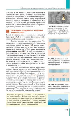 113
розтягує їх або зсовує). У результаті виникають
сили пружності, які діють на сусідні шари сере­
довища та спонукають їх здійснювати вимушені
коливання. Ці шари, у свою чергу, деформують
наступні шари та змушують їх коливатися. По-
ступово, один за одним, усі шари сере­
довища
долучаються до коливального руху — середови-
щем поширюється механічна хвиля.
3
Розрізняємо поперечні та поздовжні
механічні хвилі
Якщо порівняти поширення хвилі мотузкою
(див. рис. 17.2) і пружиною (див. рис. 17.3),
можна побачити певну різницю.
Окремі частини мотузки рухаються (ко-
ливаються) перпендикулярно до напрямку
поширення хвилі (на рис. 17.2 хвиля поши-
рюється справа наліво, а  частини мотузки
рухаються вниз-вгору). Такі хвилі називають
поперечними (рис. 17.5). У ході поширення по-
перечних хвиль відбувається зсув одних шарів
середовища відносно інших. Деформація зсуву
супроводжується виникненням сил пружності
лише в твердих тілах, тому поперечні хвилі
не можуть поширюватися в рідинах і  газах.
Отже, поперечні хвилі поширюються тільки
в твердих тілах.
Під час поширення хвилі пружиною
окремі витки пружини рухаються (колива-
ються) вздовж напрямку поширення хвилі. Такі
хвилі називають поздовжніми (рис. 17.6). У ході
поширення поздовжніх хвиль у сере­
довищі
відбуваються деформації стиснення та розтяг-
нення (вздовж напрямку поширення хвилі гус-
тина середовища почергово то збільшується, то
зменшується). Такі деформації в  будь-якому
середовищі супроводжуються виникненням сил
пружності. Тому поздовжні хвилі поширюються
і в твердих тілах, і в рідинах, і в газах.
Рис. 17.4. Коливання тіла, яке
звучить, є причиною почер-
гових згущень та розріджень
середовища, — середовищем
поширюється звукова хвиля
Рис. 17.5. У поперечній хвилі
шари середовища коливаються
перпендикулярно до напрямку
поширення хвилі

v
Рис. 17.6. У поздовжній хвилі
шари середовища коливаються
вздовж напрямку поширення
хвилі

v
Хвилі на поверхні рідини не є ані поздовжніми,
ані поперечними. Вони мають складний поздов­
жньо-поперечний характер, при цьому частинки
рідини рухаються по еліпсах. У цьому легко пе-
реконатися, якщо кинути в море легку тріску та
поспостерігати її рух на поверхні води.
§ 17. Виникнення та поширення механічних хвиль. Фізичні величини...
Право для безоплатного розміщення підручника в мережі Інтернет має
Міністерство освіти і науки України http://mon.gov.ua/ та Інститут модернізації змісту освіти https://imzo.gov.ua
 
