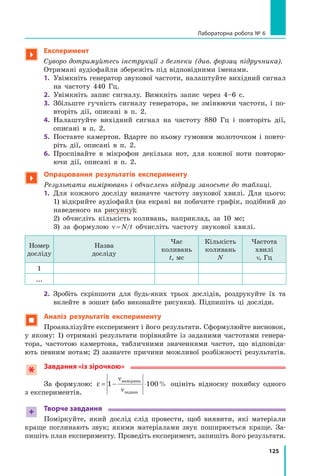 125
Лабораторна робота № 6

Експеримент
Суворо дотримуйтесь інструкції з безпеки (див. форзац підручника).
Отримані аудіофайли збережіть під відповідними іменами.
1.	 Увімкніть генератор звукової частоти, налаштуйте вихідний сигнал
на частоту 440 Гц.
2.	 Увімкніть запис сигналу. Вимкніть запис через 4–6 с.
3.	 Збільште гучність сигналу генератора, не змінюючи частоти, і по-
вторіть дії, описані в п. 2.
4.	 Налаштуйте вихідний сигнал на частоту 880  Гц і повторіть дії,
описані в п. 2.
5.	 Поставте камертон. Вдарте по ньому гумовим молоточком і повто-
ріть дії, описані в п. 2.
6.	 Проспівайте в мікрофон декілька нот, для кожної ноти повторю­
ючи дії, описані в п. 2.

Опрацювання результатів експерименту
Результати вимірювань і обчислень відразу заносьте до таблиці.
1.	 Для кожного досліду визначте частоту звукової хвилі. Для цього:
	 1) відкрийте аудіофайл (на екрані ви побачите графік, подібний до
наведеного на рисунку);
	 2) обчисліть кількість коливань, наприклад, за 10 мс;
	 3)  за формулою n = N/t обчисліть частоту звукової хвилі.
Номер
досліду
Назва 	
досліду
Час
коливань
t, мс
Кількість
коливань	
N
Частота
хвилі 	
n, Гц
1
...
2.	 Зробіть скріншоти для будь-яких трьох дослідів, роздрукуйте їх та
вклейте в зошит (або виконайте рисунки). Підпишіть ці досліди.
 Аналіз результатів експерименту
Проаналізуйте експеримент і його результати. Сформулюйте висновок,
у якому: 1) отримані результати порівняйте із заданими частотами генера-
тора, частотою камертона, табличними значеннями частот, що відповіда-
ють певним нотам; 2) зазначте причини можливої розбіжності результатів.
Завдання «із зірочкою»
За формулою: ε
ν
ν
= − ⋅
1 100
виміряна
задана
% оцініть відносну похибку одного
з експериментів.
+ Творче завдання
Поміркуйте, який дослід слід провести, щоб виявити, які матеріали
краще поглинають звук; якими матеріалами звук поширюється краще. За-
пишіть план експерименту. Проведіть експеримент, запишіть його результати.
Право для безоплатного розміщення підручника в мережі Інтернет має
Міністерство освіти і науки України http://mon.gov.ua/ та Інститут модернізації змісту освіти https://imzo.gov.ua
 