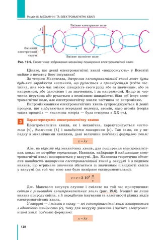 128
Розділ III. МЕХАНІЧНІ ТА ЕЛЕКТРОМАГНІТНІ ХВИЛІ
Цікаво, що деякі електромагнітні хвилі «подорожують» у Всесвіті
майже з початку його існування!
За теорією Максвелла, джерелом електромагнітної хвилі може бути
будь-яка заряджена частинка, що рухається з прискоренням (тобто час-
тинка, яка весь час змінює швидкість свого руху або за значенням, або за
напрямком, або одночасно і за значенням, і за напрямком). Якщо ж час-
тинка нерухома або рухається з незмінною швидкістю, біля неї існує елек-
тромагнітне поле, але електромагнітну хвилю частинка не випромінює.
Випромінюванням електромагнітних хвиль супроводжуються й деякі
процеси, що відбуваються всередині молекул, атомів, ядер атомів (теорія
таких процесів — квантова теорія — була створена в ХХ ст.).  
3
Характеризуємо електромагнітну хвилю
Електромагнітна хвиля, як і механічна, характеризується часто-
тою ν
( ), довжиною λ
( ) і швидкістю поширення v
( ). Так само, як у ви-
падку з механічними хвилями, дані величини пов’язані формулою хвилі:
v = λν
Але, на відміну від механічних хвиль, для поширення електромагніт-
них хвиль не потрібне середовище. Навпаки, найкраще й найшвидше елек-
тромагнітні хвилі поширюються у вакуумі. Дж. Максвелл теоретично обчис-
лив швидкість поширення електромагнітної хвилі у вакуумі й з подивом	
виявив, що отримане значення збігається зі значенням швидкості світла
у вакуумі (на той час воно вже було виміряне експериментально):
v c
= = ⋅
3 108 м
с
Дж. Максвелл висунув слушне і сміливе на той час припущення:
світло є різновидом електромагнітних хвиль (рис.  19.6). Учений не лише
виявив природу світла, а й передбачив існування та властивості різних видів
електромагнітних хвиль.
У вакуумі — і тільки в ньому — всі електромагнітні хвилі поширюються
з однаковою швидкістю (c), тому для вакууму довжина і частота електромаг-
нітної хвилі пов’язані формулою:
c = λν
I
Рис. 19.5. Схематичне зображення механізму поширення електромагнітної хвилі
Змінне електричне поле
Змінне магнітне поле
Змінний	
електричний
струм
Право для безоплатного розміщення підручника в мережі Інтернет має
Міністерство освіти і науки України http://mon.gov.ua/ та Інститут модернізації змісту освіти https://imzo.gov.ua
 