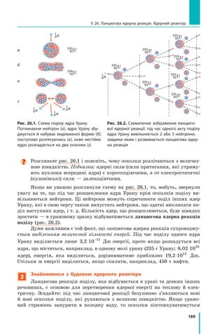169
§ 26. Ланцюгова ядерна реакція. Ядерний реактор

Розгляньте рис. 26.1 і поясніть, чому осколки розлітаються з величез-
ною швидкістю. Підказка: ядерні сили (сили притягання, які утриму-
ють нуклони всередині ядра) є короткодіючими, а от електростатичні
(кулонівські) сили — далекодіючими.
Якщо ви уважно розглянули схему на рис. 26.1, то, мабуть, звернули
увагу на те, що під час розщеплення ядра Урану крім осколків поділу ви-
вільняються нейтрони. Ці нейтрони можуть спричинити поділ інших ядер
Урану, які в свою чергу також випустять нейтрони, що здатні викликати по-
діл наступних ядер, і т. д. Кількість ядер, що розщеплюються, буде швидко
зростати — в урановому зразку відбуватиметься ланцюгова ядерна реакція
поділу (рис. 26.2).
Дуже важливим є той факт, що ланцюгова ядерна реакція супроводжу-
ється виділенням величезної кількості енергії. Під час поділу одного ядра
Урану виділяється лише 3 2 10 11
, ⋅ −
Дж енергії, проте якщо розпадуться всі
ядра, що містяться, наприклад, в одному молі урану (235 г Урану; 6 02 1023
, ⋅
ядер), енергія, яка виділиться, дорівнюватиме приблизно 19 2 1012
, ⋅ Дж.
Стільки ж енергії виділиться, якщо спалити, наприклад, 450 т нафти.
2
Знайомимося з будовою ядерного реактора
Ланцюгова реакція поділу, яка відбувається в урані та деяких інших
речовинах, є основою для перетворення ядерної енергії на теплову й елек-
тричну. Згадайте: під час ланцюгової реакції безупинно з’являються нові
й нові осколки поділу, які рухаються з великою швидкістю. Якщо урано-
вий стрижень занурити в холодну воду, то осколки зіштовхуватимуться
а
в
г
б
235
92U
236
92U
235
92U
235
92U
235
92U
235
92U
235
92U
235
92U
235
92U
1
0n
1
0n
1
0n
1
0n
1
0n
Рис. 26.1. Схема поділу ядра Урану.
Поглинаючи нейтрон (а), ядро Урану збу-
джується й набуває видовженої форми (б);
поступово розтягуючись (в), нове нестійке
ядро розпадається на два осколки (г)
Рис. 26.2. Схематичне зображення ланцюго-
вої ядерної реакції: під час одного акту поділу
ядра Урану вивільняється 2 або 3 нейтрони,
завдяки яким і розвивається ланцюгова ядер-
на реакція
Право для безоплатного розміщення підручника в мережі Інтернет має
Міністерство освіти і науки України http://mon.gov.ua/ та Інститут модернізації змісту освіти https://imzo.gov.ua
 