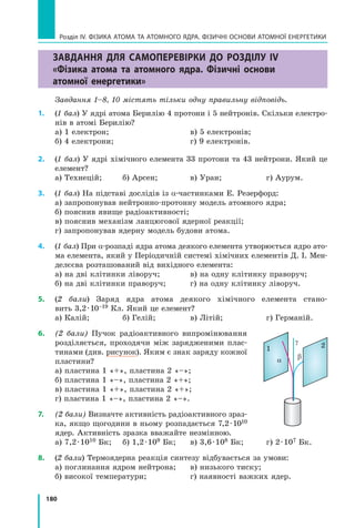 180
Розділ IV. ФІЗИКА АТОМА ТА АТОМНОГО ЯДРА. ФІЗИЧНІ ОСНОВИ АТОМНОЇ ЕНЕРГЕТИКИ
Завдання для самоперевірки до розділу IV
«Фізика атома та атомного ядра. Фізичні основи
атомної енергетики»
Завдання 1–8, 10 містять тільки одну правильну відповідь.
1.	 (1 бал) У ядрі атома Берилію 4 протони і 5 нейтронів. Скільки електро-
нів в атомі Берилію?
а) 1 електрон;	 	 в) 5 електронів;
б) 4 електрони;	 	 г) 9 електронів.
2.	 (1 бал) У ядрі хімічного елемента 33 протони та 43 нейтрони. Який це
елемент?
а) Технецій;	 б) Арсен;	 в) Уран;	 г) Аурум.
3.	 (1 бал) На підставі дослідів із α-частинками Е. Резерфорд:
а) запропонував нейтронно-протонну модель атомного ядра;
б) пояснив явище радіоактивності;
в) пояснив механізм ланцюгової ядерної реакції;
г) запропонував ядерну модель будови атома.
4. 	 (1 бал) При α-розпаді ядра атома деякого елемента утворюється ядро ато-
ма елемента, який у Періодичній системі хімічних елементів Д. І. Мен-
делєєва розташований від вихідного елемента:
а) на дві клітинки ліворуч;	 в) на одну клітинку праворуч;
б) на дві клітинки праворуч;	 г) на одну клітинку ліворуч.
5.	 (2 бали) Заряд ядра атома деякого хімічного елемента стано-
вить 3,2 · 10–19 Кл. Який це елемент?
а) Калій;	 б) Гелій;	 в) Літій;	 г) Германій.
6.	 (2 бали) Пучок радіоактивного випромінювання
розділяється, проходячи між зарядженими плас-
тинами (див. рисунок). Яким є знак заряду кожної
пластини?
а) пластина 1 «+», пластина 2 «–»;
б) пластина 1 «–», пластина 2 «+»;
в) пластина 1 «+», пластина 2 «+»;
г) пластина 1 «–», пластина 2 «–».  
7.	 (2 бали) Визначте активність радіоактивного зраз-
ка, якщо щогодини в ньому розпадається 7,2 · 1010
ядер. Активність зразка вважайте незмінною.
а) 7,2 · 1010 Бк;	 б) 1,2 · 109 Бк;	 в) 3,6 · 108 Бк;	 г) 2 · 107 Бк.
8.	 (2 бали) Термоядерна реакція синтезу відбувається за умови:
а) поглинання ядром нейтрона;	 в) низького тиску;
б) високої температури;	 г) наявності важких ядер.
a
b
g
1 2
Право для безоплатного розміщення підручника в мережі Інтернет має
Міністерство освіти і науки України http://mon.gov.ua/ та Інститут модернізації змісту освіти https://imzo.gov.ua
 