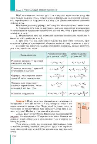 216
Розділ V. Рух і взаємодія. Закони збереження
Щоб математично описати рух тіла, кинутого вертикально вгору або
вниз (вільне падіння тіла), скористаємося формулами залежності швидко-
сті, переміщення та координати від часу для рівноприскореного прямолі-
нійного руху.
Підійдемо до запису формул, які описують вільне падіння, «технічно».
1. Описуючи рух тіла по вертикалі, вектори швидкості, прискорення
та переміщення традиційно проектують на вісь OY, тому в рівняннях руху
замінимо х на у.
2. Переміщення тіла по вертикалі зазвичай позначають символом  h
(висота), тому замінимо s на h.
3. Для всіх тіл, які рухаються тільки під дією сили тяжіння, при-
скорення дорівнює прискоренню вільного падіння, тому замінимо a на g.
З огляду на зазначені заміни отримаємо рівняння, якими описують
рух тіла, що вільно падає:
Назва формули
Рівноприскорений
рух уздовж осі OX
Вільне падіння
уздовж осі OY
Рівняння залежності проекції
швидкості від часу
v v a t
x x x
= +
0 v v g t
y y y
= +
0
Рівняння залежності проекції
переміщення від часу
s v t
x x
a t
x
= +
0
2
2
s h v t
y y y
g t
y
= = +
0
2
2
Формула, яка виражає геоме-
тричний зміст переміщення
s t
x
v v
x x
= ⋅
+ 0
2
s h t
y y
v v
y y
= = ⋅
+ 0
2
Формула для розрахунку 	
проекції переміщення, якщо 	
невідомий час руху тіла
sx
v v
a
x x
x
=
−
2
0
2
2
s h
y y
v v
g
y y
y
= =
−
2
0
2
2
Рівняння координати x x v t t
x
ax
= + +
0 0
2
2
y y v t t
y
gy
= + +
0 0
2
2
Задача 1. Повітряна куля рівномірно піднімається зі
швидкістю 2 м/с. На висоті 7 м від поверхні землі з неї
впало невелике важке тіло. Через який інтервал часу це
тіло впаде на землю? Якою буде швидкість руху тіла в мо-
мент падіння? Падіння тіла вважайте вільним.
Аналіз фізичної проблеми. Виконаємо пояснювальний
рисунок. Спрямуємо вісь OY вертикально вниз. Початок ко-
ординат нехай збігається з положенням тіла в момент по-
чатку падіння.
Тіло впало з кулі, що рівномірно піднімалася, тому
в  момент початку падіння швидкість руху тіла дорівню-
вала швидкості руху кулі й була напрямлена вертикально
вгору.
0
Y
О
7 м

g

v0
Право для безоплатного розміщення підручника в мережі Інтернет має
Міністерство освіти і науки України http://mon.gov.ua/ та Інститут модернізації змісту освіти https://imzo.gov.ua
 
