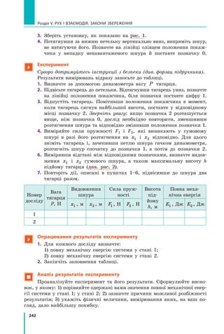 242
Розділ V. Рух і взаємодія. Закони збереження
3.	 Зберіть установку, як показано на рис. 1.
4.	 Потягнувши за нижню петельку вертикально вниз, випряміть шнур,
не натягуючи його. Позначте на лінійці олівцем положення покаж-
чика у випадку ненавантаженого шнура й поставте позначку 0.

Експеримент
Суворо дотримуйтесь інструкції з безпеки (див. форзац підручника).
Результати вимірювань відразу заносьте до таблиці.
1.	 Визначте за допомогою динамометра вагу P тягарця.
2.	 Підвісьте тягарець до петельки. Відтягнувши тягарець униз, позначте
на лінійці положення покажчика, біля позначки поставте цифру 1.
3.	 Відпустіть тягарець. Помітивши положення покажчика в момент,
коли тягарець сягнув найбільшої висоти, поставте у відповідному
місці позначку 2. Зверніть увагу: якщо позначка 2 розташується
вище, ніж позначка 0, дослід необхідно повторити, зменшивши
розтягнення шнура та відповідно змінивши положення позначки 1.
4.	 Виміряйте сили пружності F1 і F2, які виникають у гумовому
шнурі в разі його розтягнення на x1 і x2 відповідно. Для цього
зніміть тягарець і, зачепивши петлю шнура гачком динамометра,
розтягніть шнур спочатку до позначки 1, а потім до позначки 2.
6.	 Вимірявши відстані між відповідними позначками, визначте видов­
ження x1 і x2 гумового шнура, а також максимальну висоту  h
підйому тягарця (див. рис. 2).
7.	 Повторіть дії, описані в пунктах 1–6, підвісивши до шнура два
тягарці разом.
Номер
досліду
Вага 	
тягар­
ця
P, Н
Видовження
шнура
Сила пруж-
ності
Висота
під-
йому
h, м
Повна меха-
нічна енергія
x1 , м x2 , м F1 , Н F2 , Н E1 , Дж E2 , Дж
1
2

Опрацювання результатів експерименту
1.	 Для кожного досліду визначте:
	 1) повну механічну енергію системи у стані 1;
	 2) повну механічну енергію системи у стані 2.
2.	 Закінчіть заповнення таблиці.
 Аналіз результатів експерименту
Проаналізуйте експеримент та його результати. Сформулюйте висно-
вок, у якому: 1) порівняйте одержані вами значення повної механічної енер-
гії системи у стані 1; у стані 2; 2) зазначте причини можливої розбіжності
результатів; 3) укажіть фізичні величини, вимірювання яких, на ваш по-
гляд, дало найбільшу похибку.
Право для безоплатного розміщення підручника в мережі Інтернет має
Міністерство освіти і науки України http://mon.gov.ua/ та Інститут модернізації змісту освіти https://imzo.gov.ua
 
