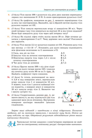 259
Завдання для самоперевірки до розділу V
 8.	 (3 бали) Тіло масою 100 г рухається під дією двох взаємно перпендику-
лярних сил значеннями 6 і 8 Н. Із яким прискоренням рухається тіло?
 9.	 (3 бали) За графіком, наведеним на рис. 1, визначте переміщення тіла
за весь час спостереження. Вважайте, що в обраній системі відліку тіло
рухалося вздовж осі OX.
10.	 (3 бали) Тіло кинули вертикально вгору зі швидкістю 30 м/с. Через
який інтервал часу тіло опиниться на відстані 25 м від точки кидання?
Якою буде швидкість руху тіла через цей інтервал часу?
11.	 (3 бали) На підлозі ліфта стоїть валіза масою 20 кг. Ліфт починає ру-
хатися з прискоренням 2 м/с2. Чому дорівнює вага валізи? Розгляньте
два варіанти.
12.	 (4 бали) Тіло масою 2,5 кг рухається вздовж осі OX. Рівняння руху тіла
має вигляд: x t t
= + −
15 3 2
. Установіть для цього випадку відповідність
між фізичною величиною та її значенням в СІ.
1 Сила, яка діє на тіло
2 Імпульс тіла на початок спостереження
3 
Кінетична енергія тіла через 1,5 с після
початку спостереження
4 Час руху тіла до зупинки
А 0
Б 1,5
В 4,5
Г 5
Д 7,5
13.	 (4 бали) Брусок масою 500 г під дією підві-
шеного до нього тягаря масою 150 г подолав
від початку руху шлях 80 см за 2 с (рис. 3).
Знайдіть коефіцієнт тертя ковзання.
14.	 (4 бали) Із точки, розташованої на висо-
ті 2,8  м над поверхнею землі, вертикально
вгору кинули тіло 1 зі швидкістю 12 м/с.
У момент, коли тіло 1 досягло найвищої точ-
ки підняття, з поверхні землі зі швидкістю
10  м/с кинули вгору тіло 2. Визначте час
і висоту зустрічі тіл.
15.	 (4 бали) Скориставшись даними рис. 4, ви-
значте висоту h, на яку піднімуться два тіла
однакової маси після зіткнення. Внутрішню
поверхню циліндра вважайте ідеально
гладенькою.
Звірте ваші відповіді з наведеними в кінці підручника. Позначте
зав­
дання, які ви виконали правильно, і визначте суму балів. Потім цю
суму поділіть на три. Одержаний результат відповідатиме рівню ваших
навчальних досягнень.
Тренувальні тестові завдання з комп’ютерною перевіркою ви знай­
дете на електронному освітньому ресурсі «Інтерактивне нав­
чання».
m1
m2
Рис. 3
Рис. 4
H = R
R
h
m
m
m
m
Право для безоплатного розміщення підручника в мережі Інтернет має
Міністерство освіти і науки України http://mon.gov.ua/ та Інститут модернізації змісту освіти https://imzo.gov.ua
 