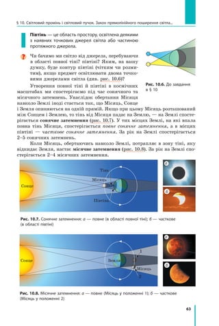 63
Півтінь — це область простору, освітлена деякими
з наявних точкових джерел світла або частиною
протяжного джерела.

Чи бачимо ми світло від джерела, перебуваючи
в області повної тіні? півтіні? Яким, на вашу
думку, буде контур півтіні (чітким чи розми-
тим), якщо предмет освітлювати двома точко-
вими джерелами світла (див. рис. 10.6)?
Утворення повної тіні й півтіні в космічних
масштабах ми спостерігаємо під час сонячного та
місячного затемнень. Унаслідок обертання Місяця
навколо Землі іноді стається так, що Місяць, Сонце
і Земля опиняються на одній прямій. Якщо при цьому Місяць розташований
між Сонцем і Землею, то тінь від Місяця падає на Землю, — на Землі спосте-
рігається сонячне затемнення (рис. 10.7). У тих місцях Землі, на які впала
повна тінь Місяця, спостерігається повне сонячне затемнення, а  в  місцях
півтіні  — часткове сонячне затемнення. За рік на Землі спостерігається
2–5 сонячних затемнень.
Коли Місяць, обертаючись навколо Землі, потрапляє в зону тіні, яку
відкидає Земля, настає місячне затемнення (рис. 10.8). За рік на Землі спо-
стерігається 2–4 місячних затемнення.
Сонце
Тінь
Півтінь
Місяць
Сонце Земля
Місяць
Рис. 10.7. Сонячне затемнення: а — повне (в області повної тіні); б — часткове
(в області півтіні)
Рис. 10.8. Місячне затемнення: а — повне (Місяць у положенні 1); б — часткове
(Місяць у положенні 2)
1
2
Рис. 10.6. До завдання
в § 10
а
а
б
б
§ 10. Світловий промінь і світловий пучок. Закон прямолінійного поширення світла...
Право для безоплатного розміщення підручника в мережі Інтернет має
Міністерство освіти і науки України http://mon.gov.ua/ та Інститут модернізації змісту освіти https://imzo.gov.ua
 