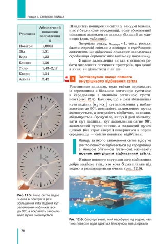 78
Розділ II. Світлові явища
Швидкість поширення світла у вакуумі більша,
ніж у будь-якому середовищі, тому абсолютний
показник заломлення завжди більший за оди-
ницю (див. таблицю).
Зверніть увагу: nповітря ≈ 1, тому, розгля-
даючи перехід світла з  повітря в середовище,
вважають, що відно­
сний показник заломлення
середовища дорівнює абсолютному показнику.
Явище заломлення світла є основою ро-
боти численних оптичних пристроїв, про деякі
з яких ви дізнаєтеся пізніше.
4
Застосовуємо явище повного
внутрішнього відбивання світла
Розглянемо випадок, коли світло переходить
із середовища з більшою оптичною густиною	
в  середовище з меншою оптичною густи­
-	
ною (рис.  12.5). Бачимо, що в разі збільшення
кута падіння α α
2 1

( ) кут заломлення γ набли-
жається до 90°, яскравість заломленого пучка
зменшується, а яскравість відбитого, навпаки,
збільшується. Зрозуміло, якщо й далі збільшу-
вати кут падіння, кут заломлення сягне 90°,
заломлений пучок зникне, а падаючий пучок
цілком (без втрат енергії) повернеться в перше
середовище — світло повністю відіб’ється.
Явище, за якого заломлення світла відсутнє
(світло повністю відбивається від сере­
довища
з меншою оптичною густиною), називають
повним внутрішнім відбиванням світла.
Явище повного внутрішнього відбивання
добре знайоме тим, хто хоча б раз плавав під
водою з розплющеними очима (рис. 12.6).
Речовина
Абсолютний
показник
заломлення
n
Повітря 1,0003
Лід 1,31
Вода 1,33
Бензин 1,50
Скло 1,43–2,17
Кварц 1,54
Алмаз 2,42
a2
g2
a1
g1
Рис. 12.5. Якщо світло падає
зі скла в повітря, в разі
збільшення кута падіння кут
заломлення наближається
до 90°, а яскравість заломле-
ного пучка зменшується
Рис. 12.6. Спостерігачеві, який перебуває під водою, час-
тина поверхні води здається блискучою, мов дзеркало
Право для безоплатного розміщення підручника в мережі Інтернет має
Міністерство освіти і науки України http://mon.gov.ua/ та Інститут модернізації змісту освіти https://imzo.gov.ua
 