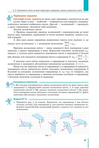 81
§ 12. Заломлення світла на межі поділу двох середовищ. Закони заломлення світла
Підбиваємо підсумки
Світловий пучок, падаючи на межу двох середовищ, поділяється на два
пучки. Один із них — відбитий — відбивається від поверхні, підпоряд-
ковуючись законам відбивання світла. Другий — заломлений — проходить
у друге середовище, змінюючи свій напрямок.
Закони заломлення світла:
1. Промінь падаючий, промінь заломлений і перпендикуляр до межі
поділу двох середовищ, проведений із точки падіння променя, лежать в од-
ній площині.
2. Для двох даних середовищ відношення синуса кута падіння α до
синуса кута заломлення γ є незмінною величиною:
sin
sin
α
γ
= n21 .
Причина заломлення світла — зміна швидкості його поширення в разі
переходу з одного середовища в інше. Відносний показник заломлення n2 1
показує, у скільки разів швидкість поширення світла в середовищі 1 більша
(або менша), ніж швидкість поширення світла в середовищі 2: n
v
v
21
1
2
= =
sin
sin
α
γ
.
У випадку коли світло потрапляє в середовище із вакууму, показник
заломлення n називають абсолютним показником заломлення: n c v
= / .
Якщо під час переходу світла із середовища 1 у середовище 2 швидкість
поширення світла зменшилась (тобто показник заломлення середовища  2
більший за показник заломлення середовища  1: n2  n1), то говорять, що
світло перейшло із середовища з меншою оптичною густиною в середовище
з більшою оптичною густиною (і навпаки).
Контрольні запитання
1. Які досліди підтверджують явище заломлення світла на межі поділу двох
середовищ? 2. Сформулюйте закони заломлення світла. 3. У чому причина
заломлення світла? 4. Що показує показник заломлення світла? 5. Як швид-
кість поширення світла пов’язана з оптичною густиною середовища? 6. Дайте
означення абсолютного показника заломлення.  
Вправа № 12
1.	 Перенесіть рис. 1 до зошита. Вважаючи, що середовище 1 має більшу
оптичну густину, ніж середовище 2, для кожного випадку схематично по-
будуйте падаючий (або заломлений) промінь, позначте кут падіння та кут
заломлення.
2
1
2
2
1
1
2
1
2
1
2
1
Рис. 1
Право для безоплатного розміщення підручника в мережі Інтернет має
Міністерство освіти і науки України http://mon.gov.ua/ та Інститут модернізації змісту освіти https://imzo.gov.ua
 