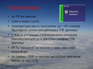Стратосфера до  50  км висине сува и мање густа температура расте постепено до +10   степена Целзијуса, услед апсорбовања УВ зрачења у њој је у горњим слојевима озон (озонски омотач) апсорбује и расејава соларно УВ зрачење 99 %  “ ваздуха "  се налази у прва два слоја атмосфере на сваких  1000   m  висине ваздушни притисак опада за око  11%  