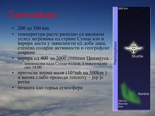 Термосфера 200 до 500  km температура расте рапидно са висином услед загревања од стране Сунца али и варира доста у зависности од доба дана, степена соларне активности и географске ширине варира од 400 до  2000  степени Целзијуса минимална када Сунце излази, а максимална око 14.00 притисак веома мали ( 10 -8 mb  на  500km   ) и веома слабо проводи топлоту – јер је ретка позната као горња атмосфера 