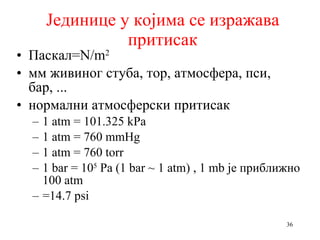 Јединице у којима се изражава притисак Паскал= N/m 2 мм живиног стуба, тор, атмосфера, пси, бар, ... нормални атмосферски притисак 1 atm = 101.325 kPa  1 atm = 760 mmHg 1 atm = 760 torr 1 bar = 10 5  Pa (1 bar ~ 1 atm) , 1 mb  је приближно 100  atm =14.7 psi 