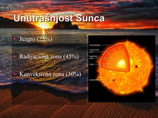 Unutrašnjost Sunca
• Jezgro (25%)
• Radijaciona zona (45%)
• Konvektivna zona (30%)
 