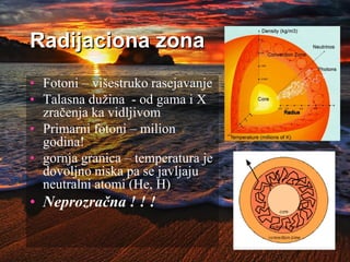 Radijaciona zona
• Fotoni – višestruko rasejavanje
• Talasna dužina - od gama i X
zračenja ka vidljivom
• Primarni fotoni – milion
godina!
• gornja granica – temperatura je
dovoljno niska pa se javljaju
neutralni atomi (He, H)
• Neprozračna ! ! !
 