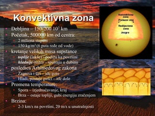 Konvektivna zona
• Debljina – 150-200 103 km
• Početak, 500000 km od centra:
• 2 miliona stepeni
• 150 kg/m3 (6 puta ređe od vode)
• kretanje velikih masa supstance
• toplije (lakše) - podižu ka površini
• hladnije (teže) – spuštaju u dubinu
• posledica Arhimedovog zakona
• Zagreva i širi – ide gore
• Hladi, postaje gušći – ide dole
• Promena temperature:
• Spora – izjednačavanje, kraj
• Brza – ostaje topliji, gubi energiju zračenjem
• Brzina:
• 2-3 km/s na površini, 20 m/s u unutrašnjosti
 