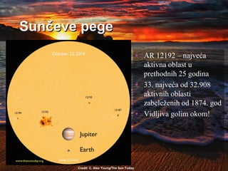 Sunčeve pege
• AR 12192 – najveća
aktivna oblast u
prethodnih 25 godina
• 33. najveća od 32.908
aktivnih oblasti
zabeleženih od 1874. god
• Vidljiva golim okom!
Credit: C. Alex Young/The Sun Today
 