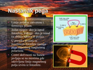 Nastanak pega
• Linije polja su zatvorene i
formiraju prsten.
• Jedan njegov deo je ispod
fotosfere, a drugi deo je iznad
(u obliku lukova ili petlji).
• U preseku prstena sa
površinom fotosfere nastaju
pege suprotnog magnetnog
polariteta.
• Centri aktivnosti na Suncu
javljaju se na mestima gde
iskrivljene linije magnetnog
polja izviru iz fotosfere.
 