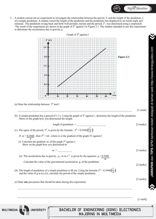 87
JAWAPANdanTIPSSPMberkesanbolehdidapatidilamanwebhttp://www.timesguides.com
87
JAWAPANdanTIPSSPMberkesanbolehdidapatidilamanwebhttp://www.timesguides.com
A student carried out an experiment to investigate the relationship between the period, T, and the length of the pendulum, l,
of a simple pendulum. A student varied the length of the pendulum and the pendulum was displaced to an initial angle and
released. The pendulum swung back and forth with periodic motion and the period, T , was detemined using a stopwatch.
The result of the experiment are shown in the graph of T2
against l in Figure 2.1. The student intended to use this experiment
to determine the acceleration due to gravity, g.
(a) State the relationship between T2
and l.
_______________________________________________________________________________________	 [1 mark]
(b) A simple pendulum has a period of 1.3 s. Using the graph of T2
against l , determine the length of the pendulum.
Show on the graph how you determined the length.	
				
			 length of pendulum = ______________________ 			 [3 marks]
(c) The squre of the period, T2
, is given by the formula : T2
= 0.3948
									
If m = 0.3948 , then T2
= ml , where m is the gradient of the graph T2 against l.
(i) Calculate the gradient, m, of the graph T2
against l.
Show on the graph how you determined m.
				 m = ___________ 						 [3 marks]
(ii) The acceleration due to gravity , g , in m s-2
, is given by the equation: g = 0.3948
m
Calculate the value of the gravitational acceleration, g, of the pendulum.
							 					 [2 marks]
(d) The length of pendulum of a simple pendulum is 80 cm. Using the formula T2
= 0.3948
and the value of g in (c) (ii), calculate the period of the simple pendulum.
							 					 [2 marks]		
(e) State one precaution that should be taken during this experiment.	
_______________________________________________________________________________________			
________________________________________________________________________________________			
												 [1 mark]
2.
l
g
g
l
g
Graph of T2
against l
Figure 2.1
2.5
2.0
1.5
1.0
0.5
0 10 20 30 40 50 60
T2
(s2
)
l
(cm)
( (
( (
 