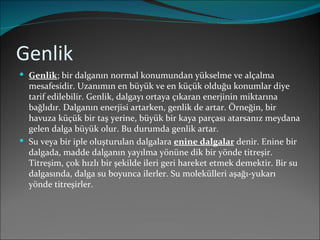 Genlik Genlik ; bir dalganın normal konumundan yükselme ve alçalma mesafesidir. Uzanımın en büyük ve en küçük olduğu konumlar diye tarif edilebilir. Genlik, dalgayı ortaya çıkaran enerjinin miktarına bağlıdır. Dalganın enerjisi artarken, genlik de artar. Örneğin, bir havuza küçük bir taş yerine, büyük bir kaya parçası atarsanız meydana gelen dalga büyük olur. Bu durumda genlik artar. Su veya bir iple oluşturulan dalgalara  enine dalgalar  denir. Enine bir dalgada, madde dalganın yayılma yönüne dik bir yönde titreşir. Titreşim, çok hızlı bir şekilde ileri geri hareket etmek demektir. Bir su dalgasında, dalga su boyunca ilerler. Su molekülleri aşağı-yukarı yönde titreşirler. 