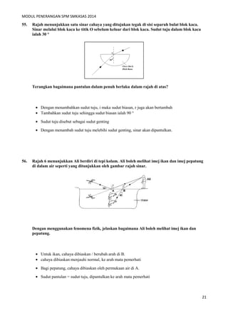 MODUL PENERANGAN SPM SMKASAS 2014 
55. Rajah menunjukkan satu sinar cahaya yang ditujukan tegak di sisi separuh bulat blok kaca. 
Sinar melalui blok kaca ke titik O sebelum keluar dari blok kaca. Sudut tuju dalam blok kaca 
ialah 30 ° 
Terangkan bagaimana pantulan dalam penuh berlaku dalam rajah di atas? 
· Dengan menambahkan sudut tuju, i maka sudut biasan, r juga akan bertambah 
· Tambahkan sudut tuju sehingga sudut biasan ialah 90 ° 
· Sudut tuju disebut sebagai sudut genting 
· Dengan menambah sudut tuju melebihi sudut genting, sinar akan dipantulkan. 
56. Rajah 6 menunjukkan Ali berdiri di tepi kolam. Ali boleh melihat imej ikan dan imej pepatung 
di dalam air seperti yang ditunjukkan oleh gambar rajah sinar. 
Dengan menggunakan fenomena fizik, jelaskan bagaimana Ali boleh melihat imej ikan dan 
pepatung. 
· Untuk ikan, cahaya dibiaskan / berubah arah di B. 
· cahaya dibiaskan menjauhi normal, ke arah mata pemerhati 
· Bagi pepatung, cahaya dibiaskan oleh permukaan air di A. 
· Sudut pantulan = sudut tuju, dipantulkan ke arah mata pemerhati 
21 
 