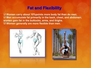 Fat and FlexibilityFat and Flexibility
 Women carry about 10%points more body fat than do men.
 Men accumulate fat primarily in the back, chest, and abdomen;
women gain fat in the buttocks, arms, and thighs.
 Women generally are more flexible than men.
 