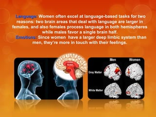 Language:Language: Women often excel at language-based tasks for two
reasons: two brain areas that deal with language are larger in
females, and also females process language in both hemispheres
while males favor a single brain half.
Emotions:Emotions: Since women have a larger deep limbic system than
men, they’re more in touch with their feelings.
 