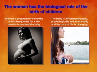 The woman has the biological role of theThe woman has the biological role of the
birth of childrenbirth of children
Woman is pregnant for 9 months
and subsequently for a few
months breastfeed the baby
The body is affected physically,
psychologically and emotionally
and the pace of life is changing
 