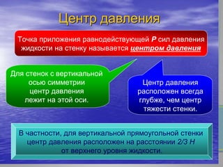ЦентрЦентр давлениядавления
Точка приложения равнодействующей Р сил давления
жидкости на стенку называется центром давления
Для стенок с вертикальной
осью симметрии
центр давления
лежит на этой оси.
Центр давления
расположен всегда
глубже, чем центр
тяжести стенки.
В частности, для вертикальной прямоугольной стенки
центр давления расположен на расстоянии 2/3 Н
от верхнего уровня жидкости.
 