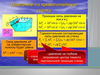 ДавлениеДавление нана криволинейнуюкриволинейную
стенкустенку
Сила давления ΔP
на элементарную
полоску будет равна
  FgzpFpP 0  
Проекции силы давления на
оси x и z
   sinFgzpsinPP 0x 
   cosFgzpcosPP 0z 
Горизонтальная составляющая
силы давления на стенку
 
  
  
zz0
0xx
FzgFp
sinFgzpPP


— проекция площадки ΔF
на вертикальную плоскость.
sinFFz 
- проекция криволинейной стенки
на вертикальную плоскость
  zz FF
- статический момент площади Fz относительно
прямой пересечения поверхности стенки с
горизонтальной плоскостью.
  zCz FzFz- давление на глубине
погружения центра тяжести
вертикальной проекции стенки
 