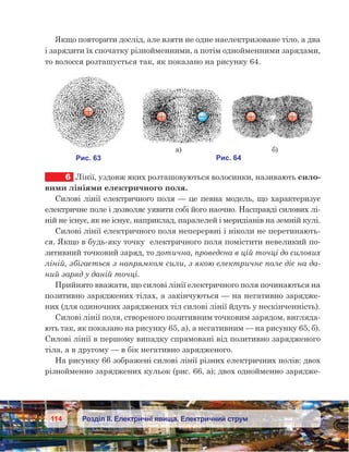114 Розділ ІІ. Електричні явища. Електричний струм
Якщо повторити дослід, але взяти не одне наелектризоване тіло, а два
і зарядити їх спочатку різнойменними, а потім однойменними зарядами,
то волосся розташується так, як показано на рисунку 64.
6	 Лінії, уздовж яких розташовуються волосинки, називають сило-
вими лініями електричного поля.
Силові лінії електричного поля — це певна модель, що характеризує
електричне поле і дозволяє уявити собі його наочно. Насправді силових лі-
ній не існує, як не існує, наприклад, паралелей і меридіанів на земній кулі.
Силові лінії електричного поля неперервні і ніколи не перетинають-
ся. Якщо в будь-яку точку  електричного поля помістити невеликий по-
зитивний точковий заряд, то дотична, проведена в цій точці до силових
ліній, збігається з напрямком сили, з якою електричне поле діє на да-
ний заряд у даній точці.
Прийнято вважати, що силові лінії електричного поля починаються на
позитивно заряджених тілах, а закінчуються — на негативно зарядже-
них (для одиночних заряджених тіл силові лінії йдуть у нескінченність).
Силові лінії поля, створеного позитивним точковим зарядом, вигляда-
ють так, як показано на рисунку 65, а), а негативним — на рисунку 65, б).
Силові лінії в першому випадку спрямовані від позитивно зарядженого
тіла, а в другому — в бік негативно зарядженого.
На рисунку 66 зображені силові лінії різних електричних полів: двох
різнойменно заряджених кульок (рис. 66, а); двох однойменно зарядже-
 