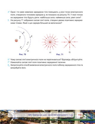 117117	 §24. Електричне поле. Силові лінії електричного поля
4*.	Одне і те саме невелике заряджене тіло поміщають у різні точки електричного
поля, створеного точковим зарядом q, як показано на рисунку 70. У яких точках
на заряджене тіло будуть діяти: найбільша сила; найменша сила; рівні сили?
5.	 На рисунку 71 зображені силові лінії полів, створені двома позитивно зарядже-
ними тілами. Який з цих зарядів більший за величиною?
6*.	Чому силові лінії електричного поля не перетинаються? Відповідь обґрунтуйте.
7*.	Намалюйте силові лінії поля позитивно зарядженої палички.
8e
.	Запропонуйте спосіб виявлення електричного поля поблизу зарядженого тіла та
випробуйте його.
 