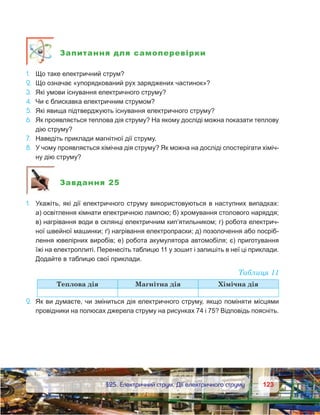 123123	 §25. Електричний струм. Дії електричного струму
Запитання для самоперевірки
1.	 Що таке електричний струм?
2.	 Що означає «упорядкований рух заряджених частинок»?
3.	 Які умови існування електричного струму?
4.	 Чи є блискавка електричним струмом?
5.	 Які явища підтверджують існування електричного струму?
6.	 Як проявляється теплова дія струму? На якому досліді можна показати теплову
дію струму?
7.	 Наведіть приклади магнітної дії струму.
8.	 У чому проявляється хімічна дія струму? Як можна на досліді спостерігати хіміч-
ну дію струму?
Завдання 25
1.	 Укажіть, які дії електричного струму використовуються в наступних випадках:
а) освітлення кімнати електричною лампою; б) хромування столового наряддя;
в) нагрівання води в склянці електричним кип’ятильником; г) робота електрич-
ної швейної машинки; ґ) нагрівання електропраски; д) позолочення або посріб­
лення ювелірних виробів; е) робота акумулятора автомобіля; є) приготування
їжі на електроплиті. Перенесіть таблицю 11 у зошит і запишіть в неї ці приклади.
Додайте в таблицю свої приклади.
Таблиця 11
Теплова дія Магнітна дія Хімічна дія
2.	 Як ви думаєте, чи зміниться дія електричного струму, якщо поміняти місцями
провідники на полюсах джерела струму на рисунках 74 і 75? Відповідь поясніть.
 