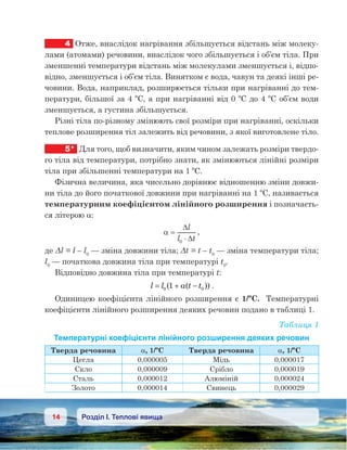 14 Розділ І. Теплові явища
4	 Отже, внаслідок нагрівання збільшується відстань між молеку-
лами (атомами) речовини, внаслідок чого збільшується і об’єм тіла. При
зменшенні температури відстань між молекулами зменшується і, відпо-
відно, зменшується і об’єм тіла. Винятком є вода, чавун та деякі інші ре-
човини. Вода, наприклад, розширюється тільки при нагріванні до тем-
ператури, більшої за 4 ºС, а при нагріванні від 0 ºС до 4 ºС об’єм води
зменшується, а густина збільшується.
Різні тіла по-різному змінюють свої розміри при нагріванні, оскільки
теплове розширення тіл залежить від речовини, з якої виготовлене тіло.
5*	 Для того, щоб визначити, яким чином залежать розміри твердо-
го тіла від температури, потрібно знати, як змінюються лінійні розміри
тіла при збільшенні температури на 1 ºС.
Фізична величина, яка чисельно дорівнює відношенню зміни довжи-
ни тіла до його початкової довжини при нагріванні на 1 ºС, називається
температурним коефіцієнтом лінійного розширення і позначаєть-
ся літерою a:
l t
α =
⋅
∆
∆
l
0
,
де Δl = l – l0
— зміна довжини тіла; Δt = t – t0
— зміна температури тіла;
l0
— початкова довжина тіла при температурі t0
.
Відповідно довжина тіла при температурі t:
l l t t= + −0 01( ( ))a .
Одиницею коефіцієнта лінійного розширення є 1/ºС.  Температурні
коефіцієнти лінійного розширення деяких речовин подано в таблиці 1.
Таблиця 1
Температурні коефіцієнти лінійного розширення деяких речовин
Тверда речовина a, 1/ºС Тверда речовина a, 1/ºС
Цегла 0,000005 Мідь 0,000017
Скло 0,000009 Срібло 0,000019
Сталь 0,000012 Алюміній 0,000024
Золото 0,000014 Свинець 0,000029
 