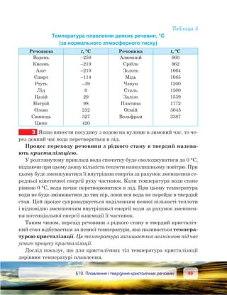 4949	 §10. Плавлення і твердіння кристалічних речовин
Таблиця 5
Температура плавлення деяких речовин, °С
(за нормального атмосферного тиску)
Речовина t, ºC Речовина t, ºC
Водень
Кисень
Азот
Спирт
Ртуть
Лід
Цезій
Натрій
Олово
Свинець
Цинк
–259
–219
–210
–114
–39
0
29
98
232
327
420
Алюміній
Срібло
Золото
Мідь
Чавун
Сталь
Залізо
Платина
Осмій
Вольфрам
660
962
1064
1085
1200
1500
1539
1772
3045
3387
3	 Якщо винести посудину з водою на вулицю в зимовий час, то че-
рез деякий час вода перетвориться в лід.
Процес переходу речовини з рідкого стану в твердий назива-
ють кристалізацією.
У розглянутому прикладі вода спочатку буде охолоджуватися до 0 °С,
віддаючи при цьому деяку кількість теплоти навколишньому повітрю. При
цьому буде зменшуватися її внутрішня енергія за рахунок зменшення се-
редньої кінетичної енергії руху частинок. Коли температура води стане
рівною 0 °С, вода почне перетворюватися в лід. При цьому температура
води не буде змінюватися до тих пір, поки вся вода не перейде в твердий
стан. Цей процес супроводжується виділенням певної кількості теплоти
і відповідно зменшенням внутрішньої енергії води за рахунок зменшен-
ня потенціальної енергії взаємодії її частинок.
Таким чином, перехід речовини з рідкого стану в твердий кристаліч-
ний стан відбувається за певної температури, яка називається темпера-
турою кристалізації. Ця температура залишається незмінною під час
усього процесу кристалізації.
Дослід показує, що для кристалічних тіл температура кристалізації
дорівнює температурі плавлення.
 