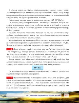 5151	 §10. Плавлення і твердіння кристалічних речовин
З таблиці видно, що лід має порівняно велику питому теплоту плав-
лення і кристалізації. Завдяки цьому процес танення снігу і льоду відбу-
вається навесні досить повільно, що дозволяє уникнути великих паводків
і сприяє тому, що ґрунт просочується вологою.
Наприклад, питома теплота плавлення свинцю 0,25· 105
Дж/кг.
Це означає, що для перетворення 1 кг свинцю з твердого стану в рід-
кий за температури плавлення необхідно затратити кількість теплоти
0,25· 105
Дж. Цьому ж значенню дорівнює збільшення внутрішньої енер-
гії 1 кг свинцю.
Питома теплота плавлення показує, на скільки змінюється вну-
трішня енергія речовини з масою 1 кг, узятої за температури плавлен-
ня, при її плавленні або кристалізації.
Можна сказати, що при переході 1 кг свинцю з рідкого стану в твердий
за температури кристалізації виділяється кількість теплоти 0,25· 105
 Дж.
Цьому ж значенню дорівнює зменшення його внутрішньої енергії.
6.	Якщо відома кількість теплоти, яка необхідна для плавлення
1 кг, наприклад, свинцю (питома теплота плавлення 0,25·105
Дж/кг) за
температури плавлення, то для плавлення 5 кг свинцю потрібно затра-
тити кількість теплоти в 5 разів більшу, тобто 1,25·105
Дж.
Таким чином, щоб обчислити кількість теплоти Q, необхідну для
плавлення речовини з масою m, узятої за температури плавлення, слід
питому теплоту плавлення λ помножити на масу речовини:
Q = λm.
Ця ж формула використовується при обчисленні кількості теплоти, що
виділяється при кристалізації рідини.
7	 Процеси плавлення та твердіння можна зобразити графічно. Для
цього вздовж вертикальної осі відкладають значення температури речо-
вини, а вздовж горизонтальної — час нагрівання або охолодження.  На
рисунку 26 зображено графік залежності температури льоду та води при
нагріванні та охолодженні.
 