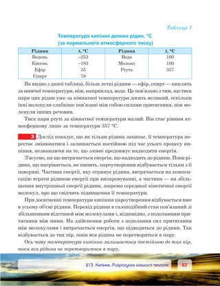 6363	 §13. Кипіння. Розрахунок кількості теплоти
Таблиця 7
Температура кипіння деяких рідин, °С
(за нормального атмосферного тиску)
Рідина t, °С Рідина t, °С
Водень
Кисень
Ефір
Спирт
–253
–183
35
78
Вода
Молоко
Ртуть
100
100
357
Як видно з даної таблиці, більш леткі рідини — ефір, спирт — киплять
за нижчої температури, ніж, наприклад, вода. Це пов’язано з тим, що тиск
пари цих рідин уже за кімнатної температури досить великий, оскільки
їхні молекули слабкіше пов’язані між собою силами притягання, ніж мо-
лекули інших речовин.
Тиск пари ртуті за кімнатної температури малий. Він стає рівним ат-
мосферному лише за температури 357 °С.
3	 Дослід показує, що як тільки рідина закипає, її температура пе-
рестає змінюватися і залишається постійною під час усього процесу ки-
піння, незважаючи на те, що ззовні продовжує надходити енергія.
З’ясуємо, на що витрачається енергія, що надходить до рідини. Поки рі-
дина, що нагрівається, не кипить, пароутворення відбувається тільки з її
поверхні. Частина енергії, яку отримує рідина, витрачається на компен-
сацію втрати рідиною енергії при випаровуванні, а частина — на збіль-
шення внутрішньої енергії рідини, зокрема середньої кінетичної енергії
молекул, про що свідчить підвищення її температури.
При досягненні температури кипіння пароутворення відбувається вже
в усьому об’ємі рідини. Перехід рідини в газоподібний стан пов’язаний зі
збільшенням відстаней між молекулами і, відповідно, з подоланням при-
тягання між ними. На здійснення роботи з подолання сил притягання
між молекулами і витрачається енергія, що підводиться до рідини. Так
відбувається до тих пір, поки вся рідина не перетвориться в пару.
Ось чому температура кипіння залишається постійною до тих пір,
поки вся рідина не перетвориться в пару.
 