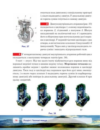 78 Розділ І. Теплові явища
готується поза двигуном у спеціальному пристрої
і з нього надходить у двигун. У дизельному двигу-
ні горюча суміш готується в самому двигуні.
2	 Двигун внутрішнього згоряння (рис. 37)
складається з циліндра 1, в якому переміщаєть-
ся поршень 2, з’єднаний з шатуном 3. Шатун
насаджений на колінчастий вал 4 і приводить
його в обертання при поступальному русі порш-
ня в циліндрі. У верхній частині циліндра є два
отвори, в які вставлено клапани 5 (впускний) і 6
(випускний). Через них у циліндр надходить го-
рюча суміш і виходять відпрацьовані гази.
3	 У чотиритактному двигуні внутрішнього згоряння робочий цикл
складається з наступних чотирьох тактів (рис. 38).
I такт — впуск. Під час цього такту відбувається рух поршня вниз від
верхньої мертвої точки в нижню мертву точку. Мертвими точками на-
зивають крайнє верхнє і крайнє нижнє положення поршня в циліндрі
двигуна. Тиск газу в циліндрі над поршнем при його русі вниз зменшу-
ється, і в нього через клапан 5 надходить горюча суміш (в карбюратор-
ному двигуні) або повітря (в дизельному двигуні). Другий клапан 6 при
цьому закритий.
 