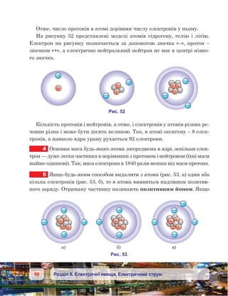 98 Розділ ІІ. Електричні явища. Електричний струм
Отже, число протонів в атомі дорівнює числу електронів у ньому.
На рисунку 52 представлені моделі атомів гідрогену, гелію і літію.
Електрон на рисунку позначається за допомогою значка «–», протон –
значком «+», а електрично нейтральний нейтрон не має в центрі ніяко-
го значка.
Кількість протонів і нейтронів, а отже, і електронів у атомів різних ре-
човин різна і може бути досить великою. Так, в атомі оксигену – 8 елек-
тронів, а навколо ядра урану рухається 92 електрони.
4	 Основна маса будь-якого атома зосереджена в ядрі, оскільки елек-
трон — дуже легка частинка в порівнянні з протоном і нейтроном (їхні маси
майже однакові). Так, маса електрона в 1840 разів менша від маси протона.
5	 Якщо будь-яким способом видалити з атома (рис. 53, а) один або
кілька електронів (рис. 53, б), то в атома виявиться надлишок позитив-
ного заряду. Отриману частинку називають позитивним йоном. Якщо
 