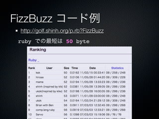 FizzBuzz コード例
 http://golf.shinh.org/p.rb?FizzBuzz
 ruby での最短は 50 byte
 