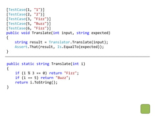 [TestCase(1, "1")]
[TestCase(2, "2")]
[TestCase(3, "Fizz")]
[TestCase(5, "Buzz")]
[TestCase(6, "Fizz")]
public void Translate(int input, string expected)
{
    string result = Translator.Translate(input);
    Assert.That(result, Is.EqualTo(expected));
}


public static string Translate(int i)
{
    if (i % 3 == 0) return "Fizz";
    if (i == 5) return "Buzz";
    return i.ToString();
}
 