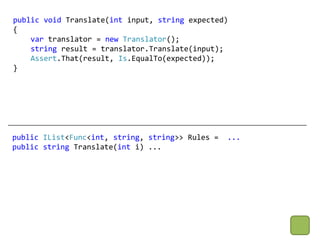 public void Translate(int input, string expected)
{
    var translator = new Translator();
    string result = translator.Translate(input);
    Assert.That(result, Is.EqualTo(expected));
}




public IList<Func<int, string, string>> Rules =   ...
public string Translate(int i) ...
 