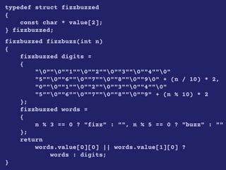typedef struct fizzbuzzed
{
const char * value[2];
} fizzbuzzed;
fizzbuzzed fizzbuzz(int n)
{
fizzbuzzed digits =
{
"0""0""1""0""2""0""3""0""4""0"
"5""0""6""0""7""0""8""0""90" + (n / 10) * 2,
"0""0""1""0""2""0""3""0""4""0"
"5""0""6""0""7""0""8""0""9" + (n % 10) * 2
};
fizzbuzzed words =
{
n % 3 == 0 ? "fizz" : "", n % 5 == 0 ? "buzz" : ""
};
return
words.value[0][0] || words.value[1][0] ?
words : digits;
}
 