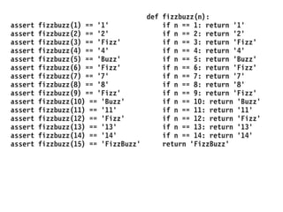 assert fizzbuzz(1) == '1'
assert fizzbuzz(2) == '2'
assert fizzbuzz(3) == 'Fizz'
assert fizzbuzz(4) == '4'
assert fizzbuzz(5) == 'Buzz'
assert fizzbuzz(6) == 'Fizz'
assert fizzbuzz(7) == '7'
assert fizzbuzz(8) == '8'
assert fizzbuzz(9) == 'Fizz'
assert fizzbuzz(10) == 'Buzz'
assert fizzbuzz(11) == '11'
assert fizzbuzz(12) == 'Fizz'
assert fizzbuzz(13) == '13'
assert fizzbuzz(14) == '14'
assert fizzbuzz(15) == 'FizzBuzz'
def fizzbuzz(n):
if n == 1: return '1'
if n == 2: return '2'
if n == 3: return 'Fizz'
if n == 4: return '4'
if n == 5: return 'Buzz'
if n == 6: return 'Fizz'
if n == 7: return '7'
if n == 8: return '8'
if n == 9: return 'Fizz'
if n == 10: return 'Buzz'
if n == 11: return '11'
if n == 12: return 'Fizz'
if n == 13: return '13'
if n == 14: return '14'
return 'FizzBuzz'
 