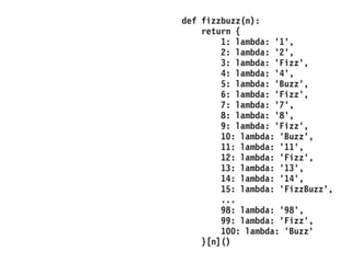 def fizzbuzz(n):
return {
1: lambda: '1',
2: lambda: '2',
3: lambda: 'Fizz',
4: lambda: '4',
5: lambda: 'Buzz',
6: lambda: 'Fizz',
7: lambda: '7',
8: lambda: '8',
9: lambda: 'Fizz',
10: lambda: 'Buzz',
11: lambda: '11',
12: lambda: 'Fizz',
13: lambda: '13',
14: lambda: '14',
15: lambda: 'FizzBuzz',
...
98: lambda: '98',
99: lambda: 'Fizz',
100: lambda: 'Buzz'
}[n]()
 