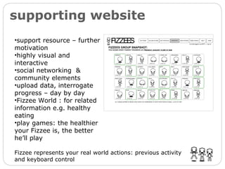supporting website   support resource – further motivation highly visual and interactive social networking  & community elements upload data, interrogate progress – day by day Fizzee World : for related information e.g. healthy eating play games: the healthier your Fizzee is, the better he’ll play Fizzee represents your real world actions: previous activity and keyboard control 