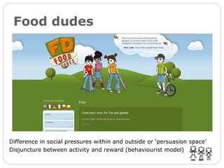 Food dudes Difference in social pressures within and outside or ‘persuasion space’ Disjuncture between activity and reward (behaviourist model) 