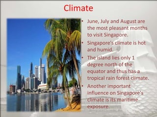 Climate
• June, July and August are
the most pleasant months
to visit Singapore.
• Singapore's climate is hot
and humid.
• The island lies only 1
degree north of the
equator and thus has a
tropical rain forest climate.
• Another important
influence on Singapore's
climate is its maritime
exposure.

 