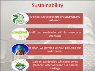 Sustainability
regional and global hub of sustainability
solutions

Is efficient: we develop with less resources
and waste

Is clean: we develop without polluting our
environment.
Is green: we develop while preserving
greenery, waterways and our natural
heritage

 
